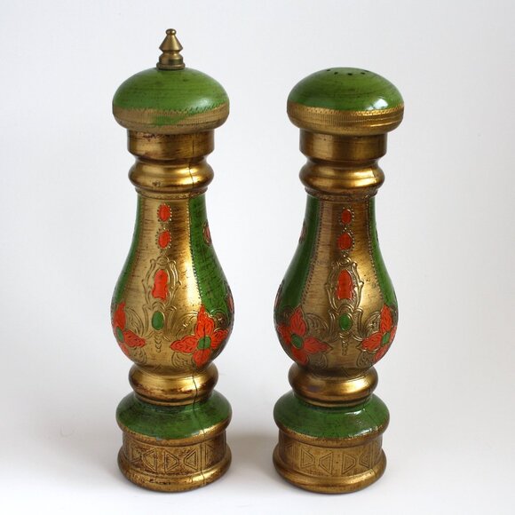 Vintage Italian Florentine Lacquered Green Gold Pepper Mill and Salt shaker SET - Picture 1 of 9